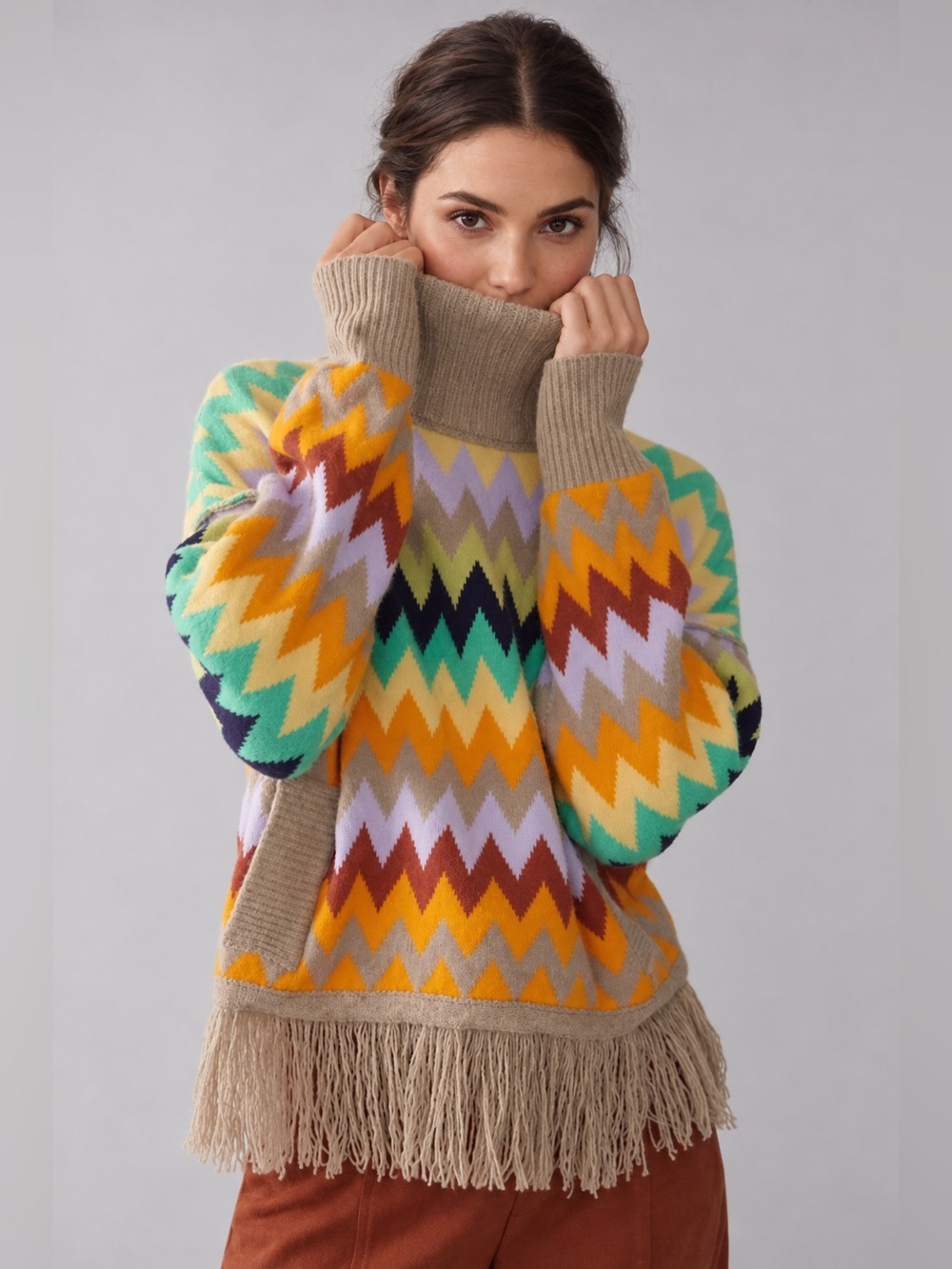 Anthropologie Plenty by Tracy Reese Chevron Turtleneck Sweater SZ M Boho
